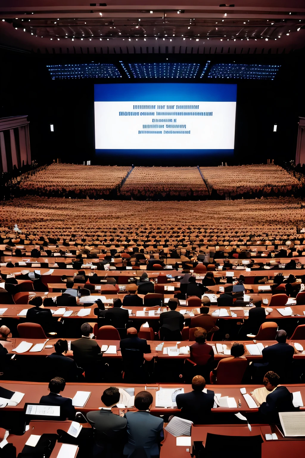 illustration from the World Conference on Human Rights in Vienna in 1993, showing human rights leaders and activists arguing in a large hall. Includes a banner that says 'Women's rights are human rights