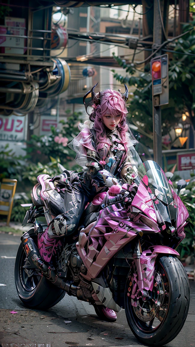 ((best quality)), ((masterpiece)), ((realistic)), (detailed), (photorealistic:1.5), (((succubus ))),((beautiful face, sharp face)), (thick body), (((pink bodysuit))), lights on armor, ((looking at viewer)), dynamic pose, post apocalyptic, destroyed city background, buildings on fire, science fiction, hdr, ray tracing, nvidia rtx, super-resolution, unreal 5, subsurface scattering, pbr texturing, post-processing, anisotropic filtering, depth of field, maximum clarity and sharpness, rule of thirds, 8k raw, (luminescent particles:1.4), (extremely detailed cg, unity 8k wallpaper, 3d, cinematic lighting, lens flare), reflections, sharp focus, cyberpunk art, cyberpunk architecture,((ride motorbike))