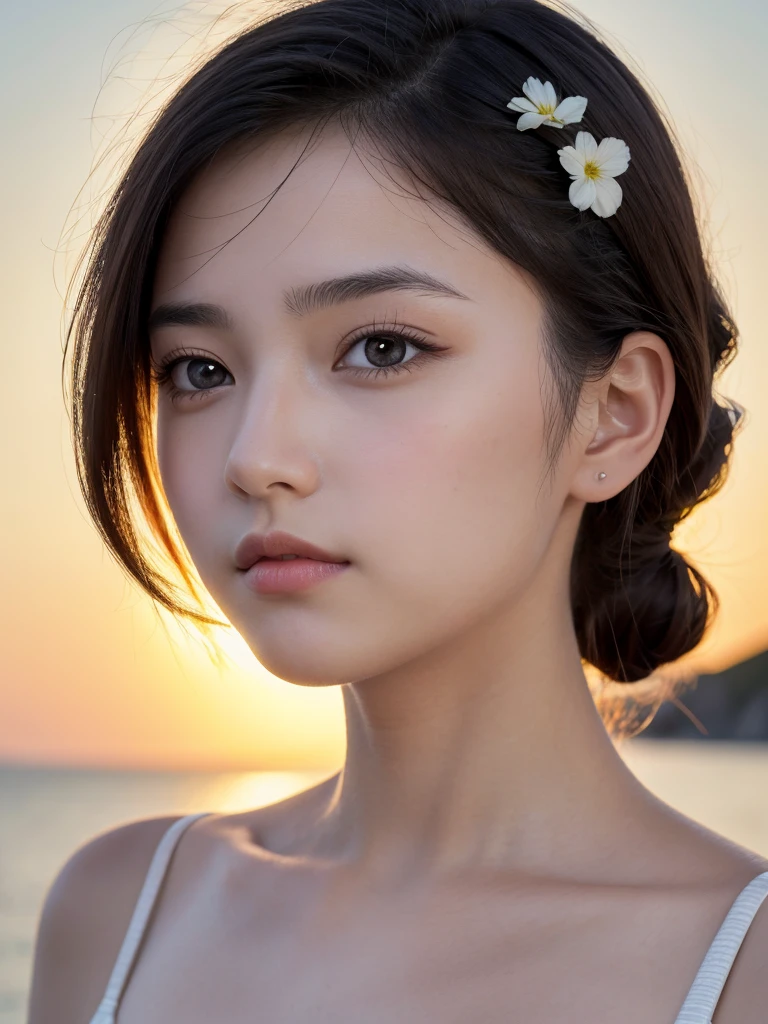 One Girl，(1人のとてもcute女の子:1.3)，masterpiece，Highest quality，High resolution，From below，Low - Angle，Photorealistic，RAW Photos，Ray Tracing，beautiful girl，(:1.3)，cute，Big eyes，(detailed pupils:1.2)，(The face is facing straight ahead:1.3)，Body facing forward，Beautiful nose，High nose，Upturned nose，Fuller lips，Short black hair，ponytail，short hair，Detailed eyelashes，Thin eyebrows，Very fine grain definition，(Symmetrical eyes:1.3)，(Face close-up，Face Focus:1.0)，Small breasts，Short neck，White swimsuit，White Bikini，The background is the sea，Southern Island，sunset，Sunset，Portrait，View Viewer，Upper Body，Cinema Lighting，High resolution，Very detailed
