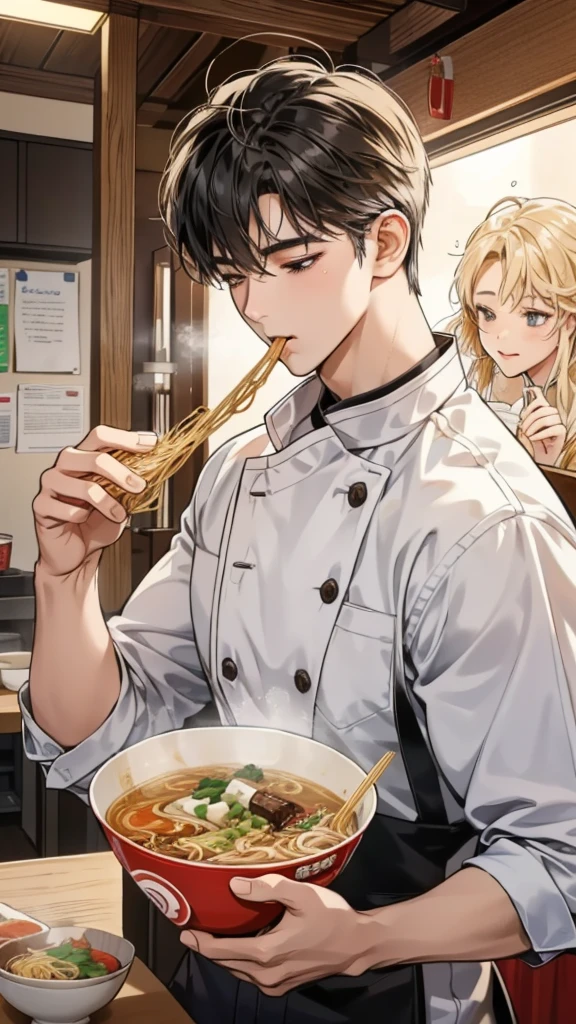 A young man eating ramen noodles, wearing earphones Here is a prompt in English to instruct an AI to generate a realistic and detailed description of eating ramen:
---
Describe the experience of eating ramen in vivid and realistic detail. Include sensory details such as the appearance, aroma, texture, and taste of the ramen. Describe the surroundings, the atmosphere of the restaurant, and the actions involved in eating the ramen. Make the reader feel like they are actually there, experiencing every moment.
---
This prompt will guide the AI to create a detailed and immersive description of the ramen-eating experience.
