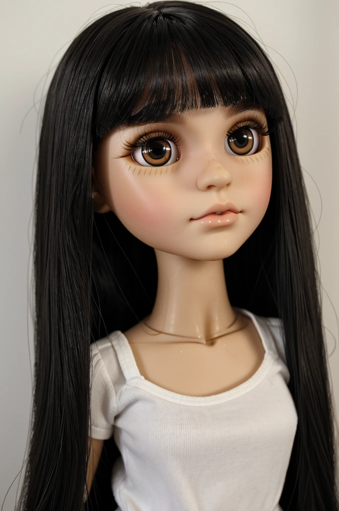 blythe doll with black hair, Brown eyes, long eyelashes, long, straight hair with eyeliner 