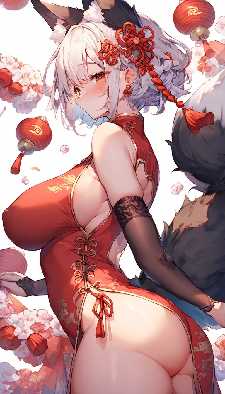 score_9,score_8,score_7,score_8_up,score_7_up Exotic furry cartoon, oriental character, 1girl, breasts, tail, animal ears, solo, fox ears, fox tail, dress, skindentation, cheongsam, from the side, big breasts, blush, white background, fox girl, looking at viewers, bare shoulders, short hair, animal ear fluff, food, simple background, holding, cheongsam, cowboy shot, detached sleeves, Hair ornament, red dress, long sleeves, buttocks