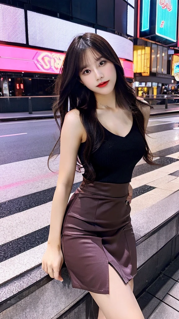 Lady, pose seductively to the viewer, alone:1, throw, Beautiful thick thighs,
Entertainment district background, Long Hair, 3/4 bodies, V-neck mini skirt