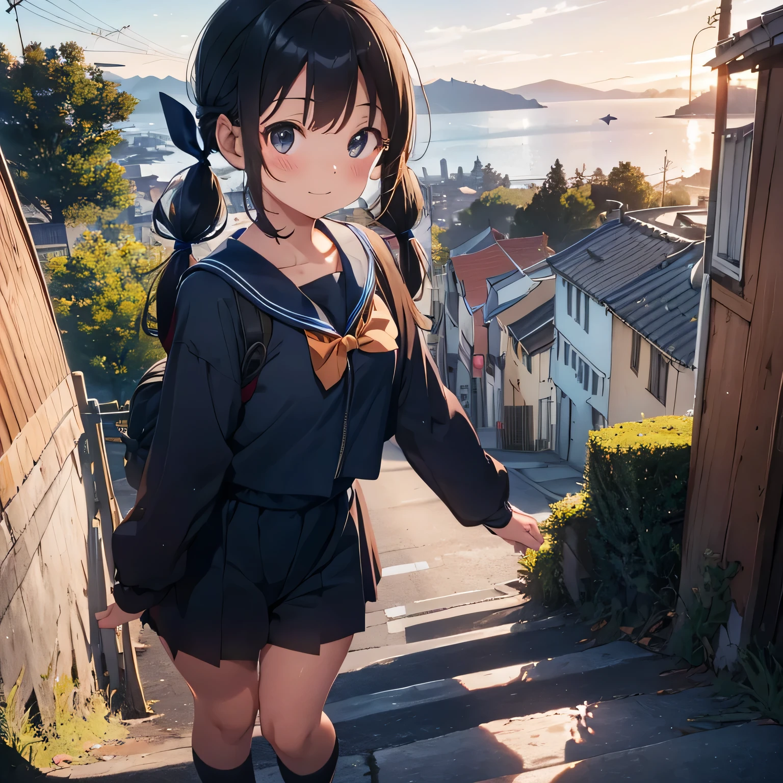 best quality, detailed, masterpiece, 1 girl, standing, gentle smile, , (low twintails:1.4), low pigtails, black hair, long hair, (navy blue sailor suit with blue ribbon:1.4), long sleeves, dark brown eyes, school bag, from the front, from little above, POV, alone, (steep downhill:1.6), straight road to the back, electric pole, hill town, housing, cityscape, sea on back in the distance, nice view, evening, orange sky, animation,