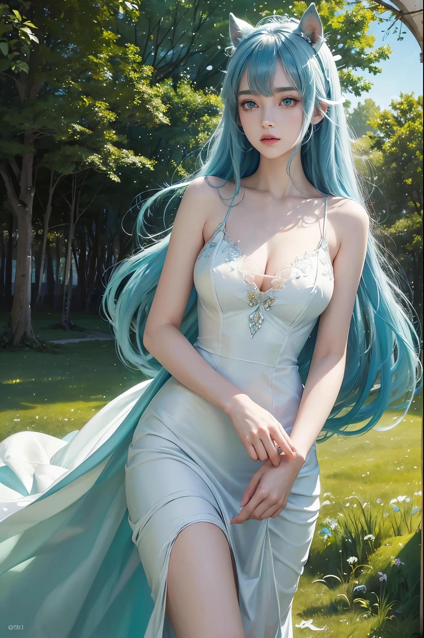 ((Masterpiece, best quality)),(illustration),(detailedlight),((Delicate and extremely beautiful)),1 girl,GodolphinArab,long hair,blue hair,green eyes,Horse ears,Horse Girl,hair_decorations,white dress, bare shoulders, ,Sleeveless,evening dress,long dress,outdoor, light,sky, horizon, meadow, forest, very large breasts