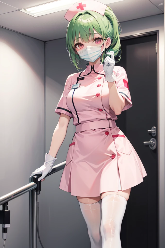 1girl, solo, nurse, nurse cap, white nurse uniform, ((white legwear, zettai ryouiki)), white gloves, ponytail, green hair, pink eyes, ((white surgical mask, covered nose)), standing, ((hospital room)), sharp outline, short sleeves, best quality, masterpiece