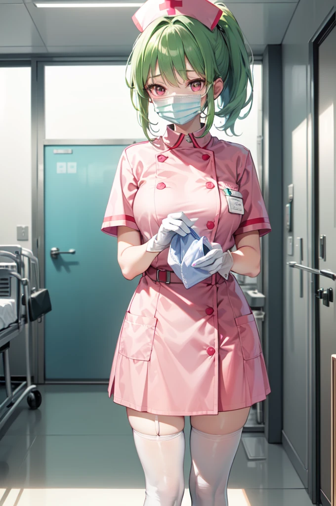 1girl, solo, nurse, nurse cap, white nurse uniform, ((white legwear, zettai ryouiki)), white gloves, ponytail, green hair, pink eyes, ((white surgical mask, covered nose)), standing, ((hospital room)), sharp outline, short sleeves, best quality, masterpiece