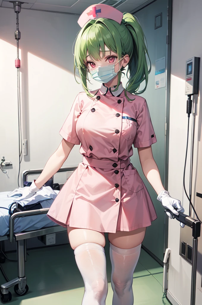 1girl, solo, nurse, nurse cap, white nurse uniform, ((white legwear, zettai ryouiki)), white gloves, ponytail, green hair, pink eyes, ((white surgical mask, covered nose)), standing, ((hospital room)), sharp outline, short sleeves, best quality, masterpiece