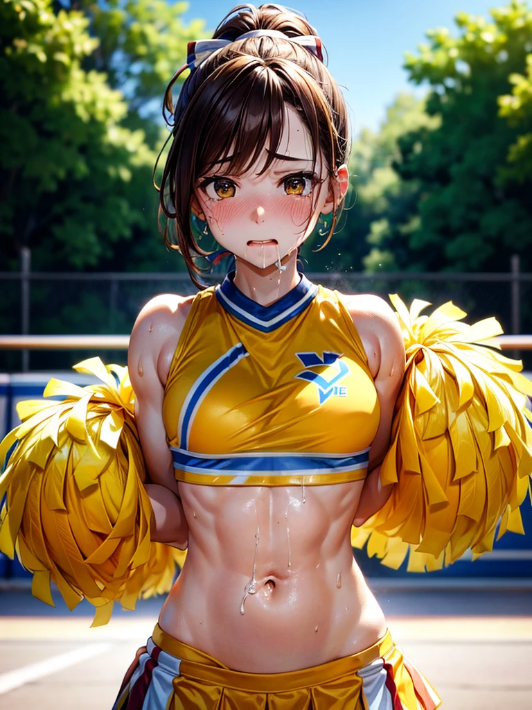 Highest Resolution,Highest quality,((Cheerleader holding a sports drink)),sunny,Tears and saliva dripping,Brown hair ponytail,Sweating profusely,whole body,Belly button,Abdominal muscles,Crying face,