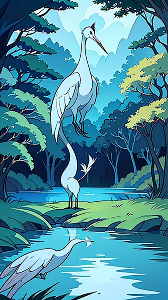 "A serene lake surrounded by a dense forest, with a white crane standing at the edge catching fish. Various colorful fish swim near the surface, and the sky is clear and blue."