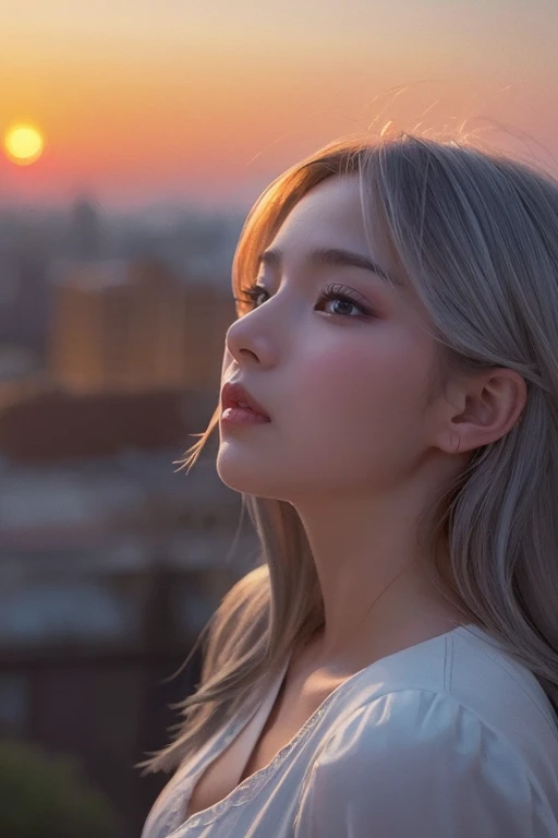 2D impressionist illustration, The face is dense((must)), A Russian girl in her early 20s with ash grey hair, Looking up at the sky darkening from the sunset, During a call on your phone