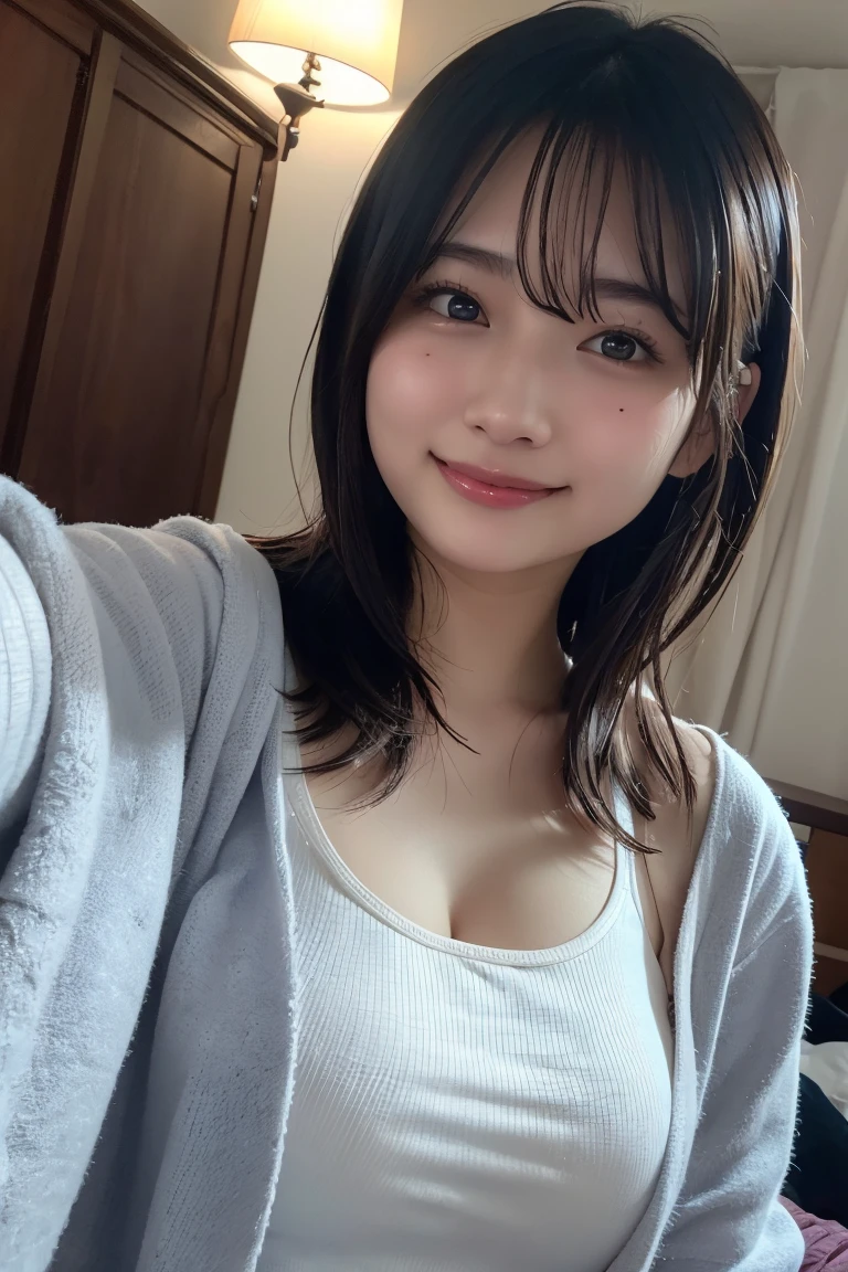 (8K, RAW Photos, Highest quality, High resolution: 1.1), (ultra Realistic: 1.4), (Realistic, Realistic: 1.3), The Beauty of Japan, pajamas, ((Upper Body: 1.3)) High resolution, Realistic image of a Japanese woman with short hair, She has big breasts and red cheeks, Look at that, smile She looks at it, smile, While taking a selfie. Her smartphone is close to her face. She appears to be live streaming from her home., Spread on the bed, With a blanket over my chest.