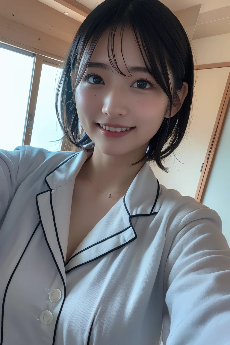 (8K, RAW Photos, Highest quality, High resolution: 1.1), (ultra Realistic: 1.4), (Realistic, Realistic: 1.3), The Beauty of Japan, pajamas, ((Upper Body: 1.3)) High resolution, Realistic image of a Japanese woman with short hair, She has big breasts and red cheeks, Look at that, smile She looks at it, smile, While taking a selfie. Her smartphone is close to her face. She appears to be live streaming from her home., Spread on the bed, With a blanket over my chest.