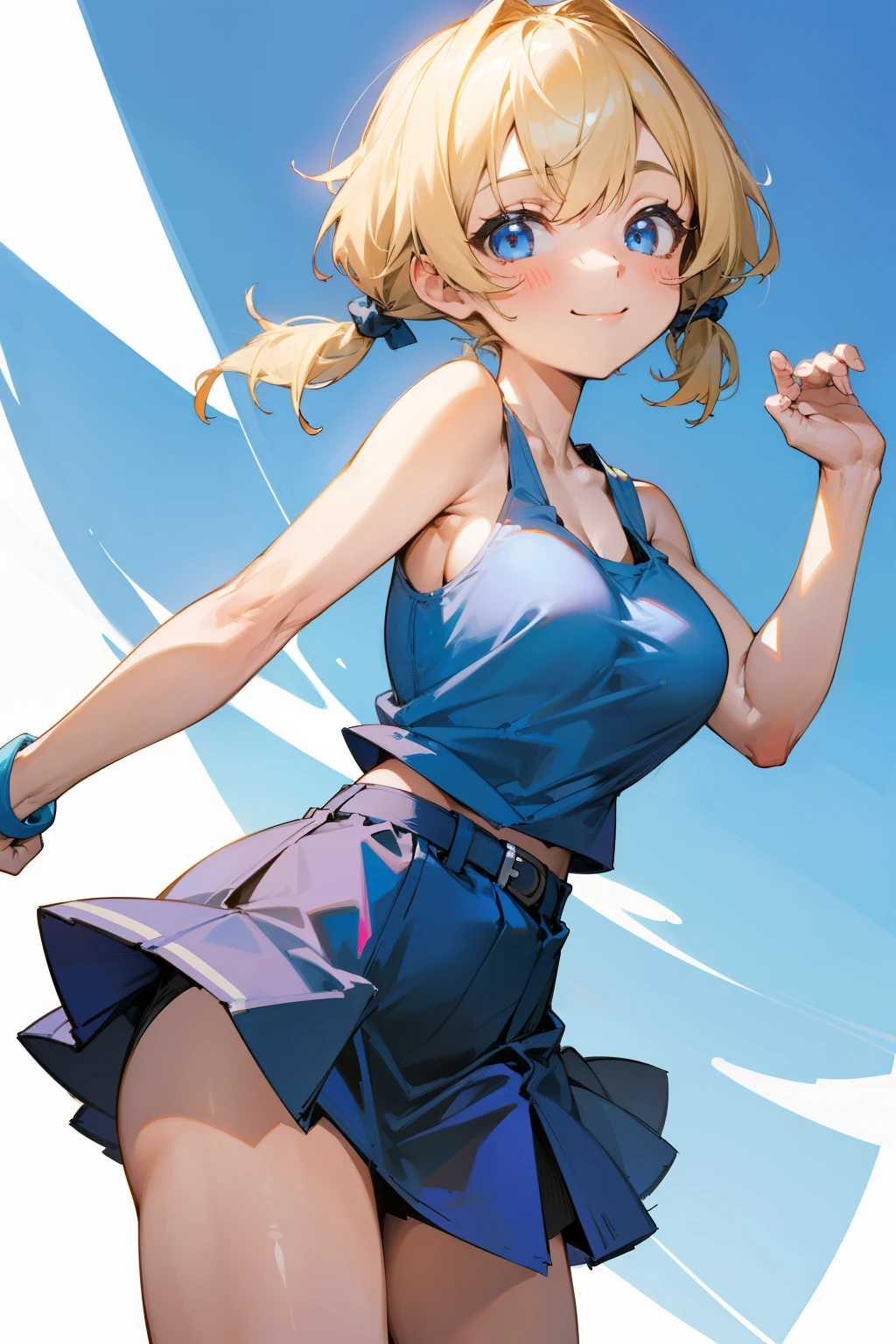Cute girl, short blonde hair, pigtails, blue eyes, blue dress, blue tank top, wide black belt, short blue skirt, big breasts, smile 