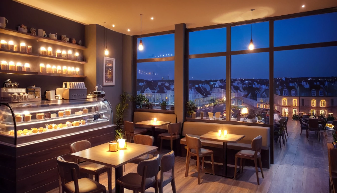 a cozy night time at a coffe interior with cozy lighting and sweets in the shelves. There are coffee cups in the tables. There is a big window in the middle of the coffeeshop and the outside view is a city