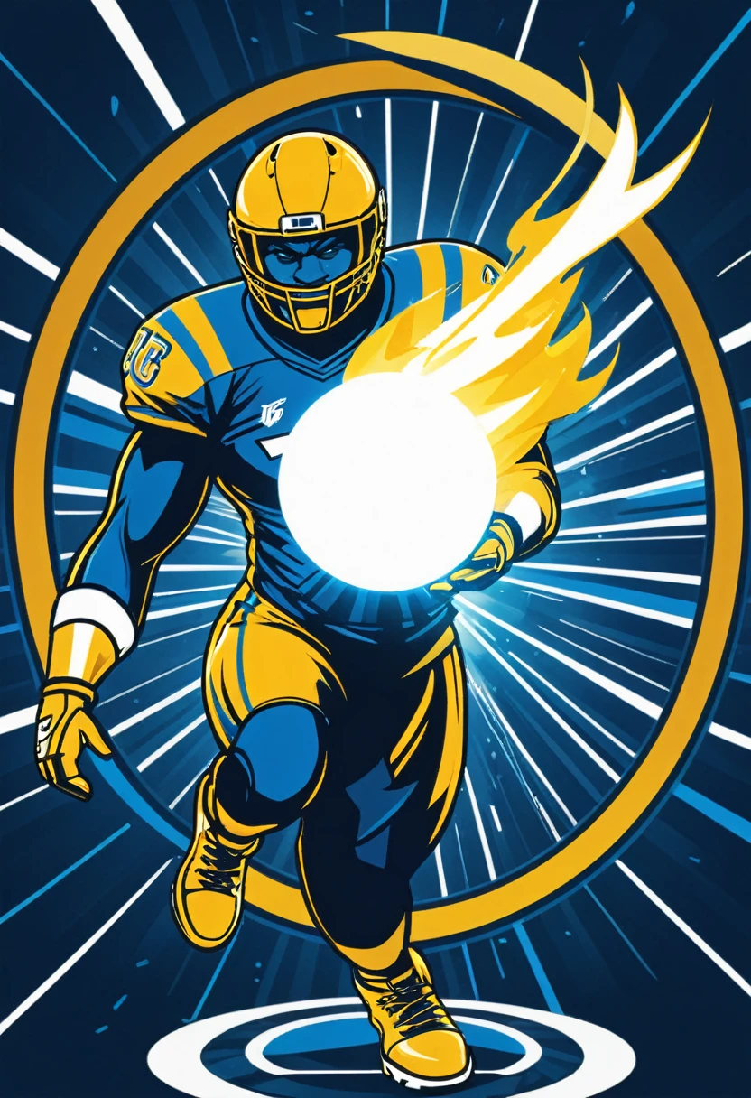 Create an image for "Olympic Bet". It relates to sports (football, basketball, MMA, American football) and sports betting. The image should have the following details: A background divided diagonally in two vibrant colors, blue on the left and gold on the right. As a central element, a strong, muscular Zeus-like hand grasping a bright lightning bolt in the center of the image. Lightning Details: The lightning bolt should have dynamic sparks, and money symbols like bills and coins should emanate from it, along with small sports icons like a soccer ball, basketball, MMA glove, American football helmet. Place the name "Olympic Bet" at the bottom of the image in a bold, modern font, in a color that contrasts well with the background, such as white or gold. For the border, circle around the entire image in a contrasting color, such as white, to ensure it stands out against any background.
