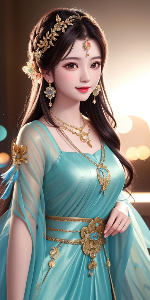 best quality, masterpiece, highres, 1girl, transparent silk china dress, beautiful face, hair ornament, looking at viewer, smile, closed mouth,lips, dress,hair ornament, necklace, jewelry, long hair, earrings, Beautiful face,upon_body, tyndall effect,photorealistic, dark studio, rim lighting, two tone lighting,(high detailed skin:1.2), 8k uhd, dslr, soft lighting, high quality, volumetric lighting, candid, Photograph, high resolution, 4k, 8k, Bokeh