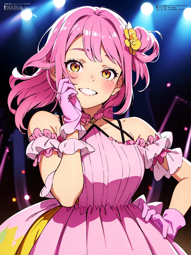 (Awareness-raising:1.1)、(Highest quality)、(masterpiece:1.1)、(Beautiful and vivid background:1.25)、(masterpiece、Highest quality、Ultra-detailed)、(Photorealistic)、(Beautiful and fine details)、Big Stage、Stage lighting、(Pink Hair、Redhead)、
One Girl、alone、Looking at the audience、Cowboy Shot、Upper body、
Ayumu Uehara、Yellow Eyes、Ruffled Dress、Pastel Pink Dress、A light smile、Depth of written boundary、(Pastel pink gloves:1.4)、Frilled gloves、Sweeping bangs、
Exposing shoulders、Close one eye、Rounded teeth、
Love Pose,Double V,