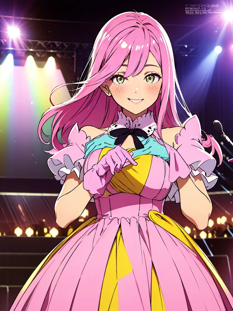 (Awareness-raising:1.1)、(Highest quality)、(masterpiece:1.1)、(Beautiful and vivid background:1.25)、(masterpiece、Highest quality、Ultra-detailed)、(Photorealistic)、(Beautiful and fine details)、Big Stage、Stage lighting、(Pink Hair、Redhead)、
One Girl、alone、Looking at the audience、Cowboy Shot、Upper body、
Ayumu Uehara、Yellow Eyes、Ruffled Dress、Pastel Pink Dress、A light smile、Depth of written boundary、(Pastel pink gloves:1.4)、Frilled gloves、Sweeping bangs、
Exposing shoulders、Close one eye、Rounded teeth、
Love Pose,Double V,