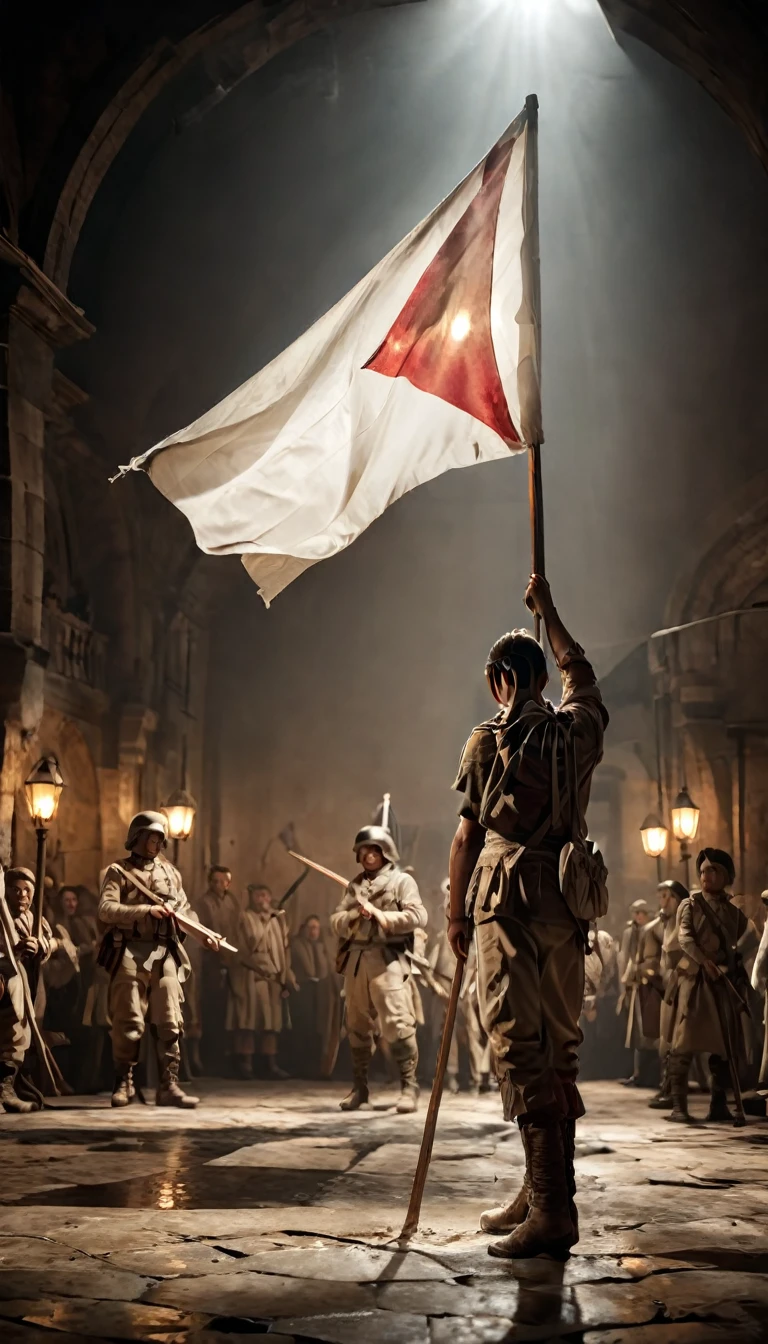 A dramatic still from a war movie showing the white flag raised in a climactic scene, holding a white flag, hyper realistic, ultra detailed hyper realistic, photorealistic, Studio Lighting, reflections, dynamic pose, Cinematic, Color Grading, Photography, Shot on 50mm lens, Ultra-Wide Angle, Depth of Field, hyper-detailed, beautifully color, 8k, golden light from the front,