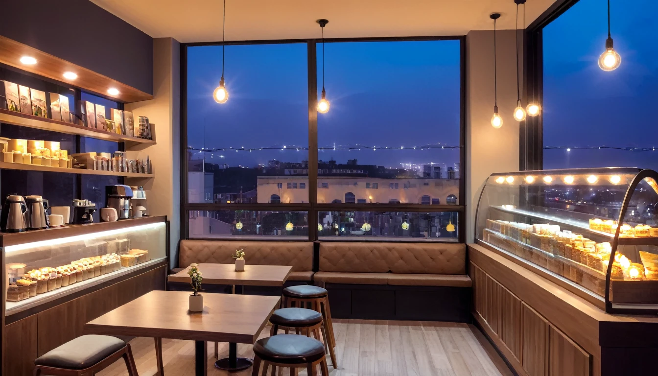 a cozy night time at a coffe interior with cozy lighting and sweets in the shelves. There are coffee cups in the tables. There is a big window in the middle of the coffeeshop and the outside view is a city