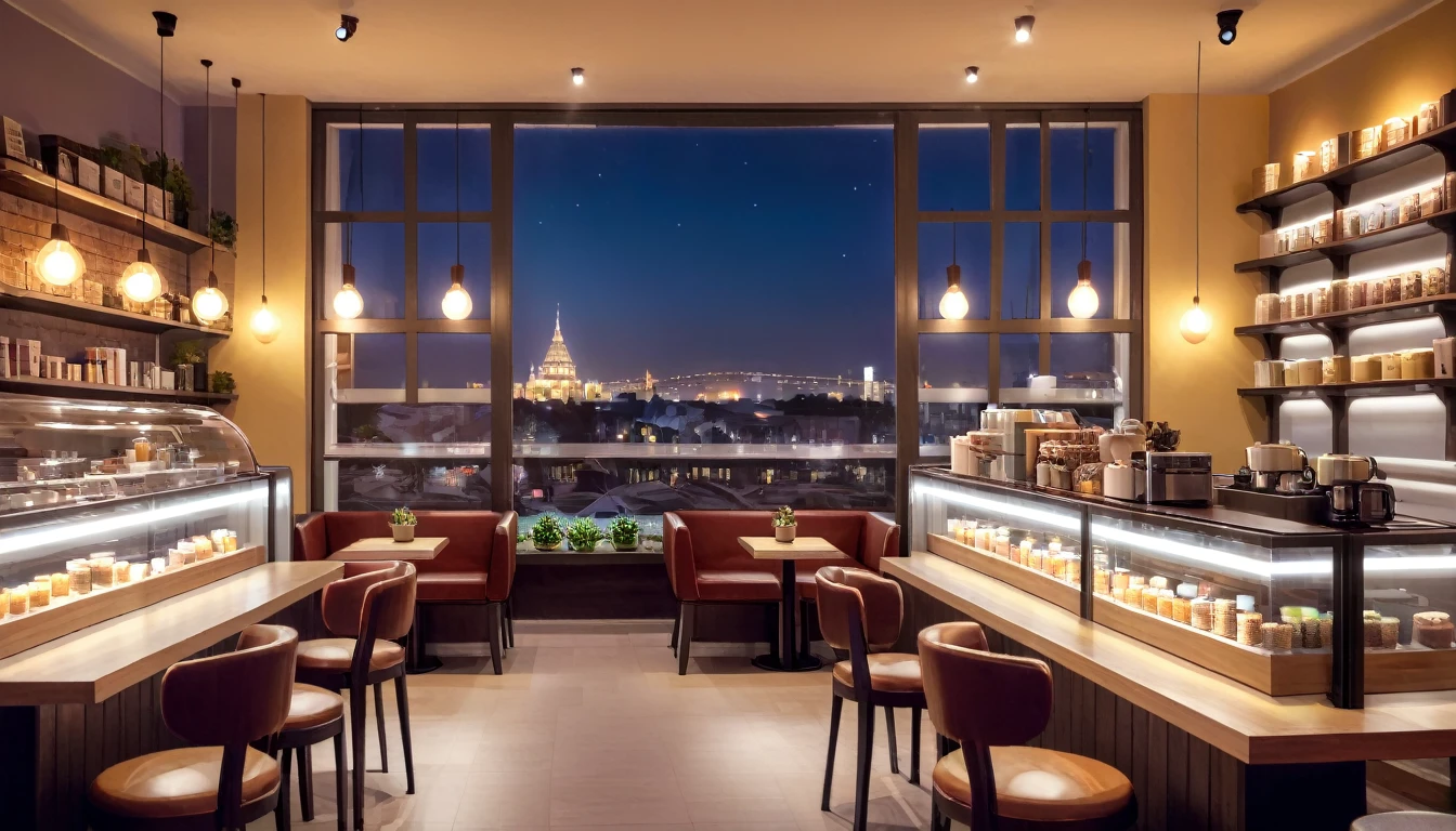 a cozy night time at a coffe interior with cozy lighting and sweets in the shelves. There are coffee cups in the tables. There is a big window in the middle of the coffeeshop and the outside view is a city