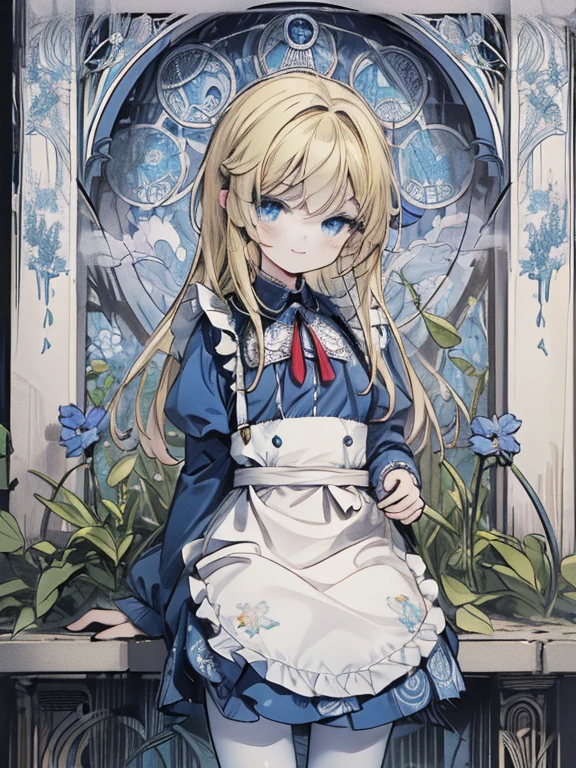 masterpiece, Highest quality, Very detailed, 16K, Ultra-high resolution, Cowboy Shot, Alice in Wonderland, (art nouveau:1.5), 10-year-old girl, Detailed face, smile, blue eyes,Blonde, Long Hair, Ribbon on head, Blue clothes, White apron, In a room with a big clock