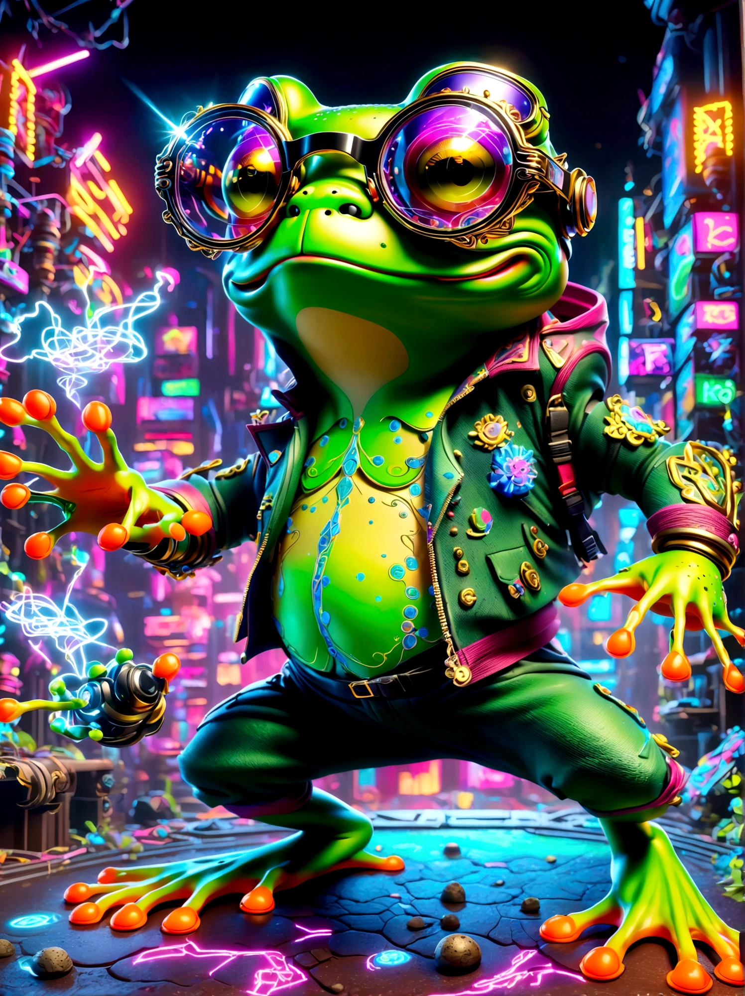 (Frog wearing big glasses:1.3), A digital illustration depicting a green cartoon frog in a dynamic dancing pose within a colorful virtual reality world teeming with neon lights and vibrant holograms. The scene bears the influences of both pop art and graffiti, a truly cyberpunk-inspired ensemble with explosive energy, created using digital painting methods and radiant, glowing effects.