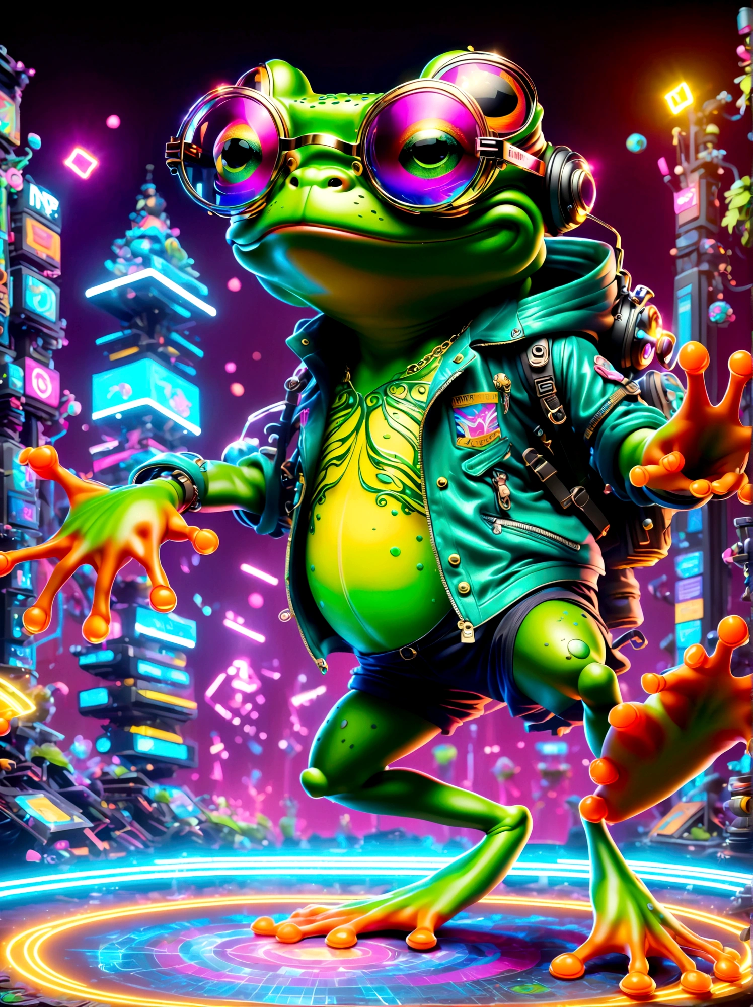 (Frog wearing big glasses:1.3), A digital illustration depicting a green cartoon frog in a dynamic dancing pose within a colorful virtual reality world teeming with neon lights and vibrant holograms. The scene bears the influences of both pop art and graffiti, a truly cyberpunk-inspired ensemble with explosive energy, created using digital painting methods and radiant, glowing effects.