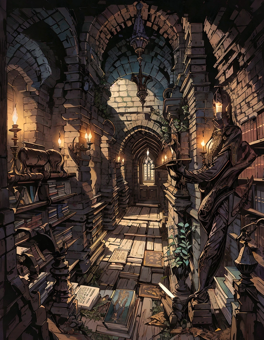 a close up of a long hallway with a bunch of books on it, gothic epic library, gloomy library, castle library, ancient library, magic library, gothic library, dusty library, old library, inside a castle library, gothic epic library concept, dark library, in a gloomy library, hogwarts library, fancy library, an eternal library, standing inside a magic library