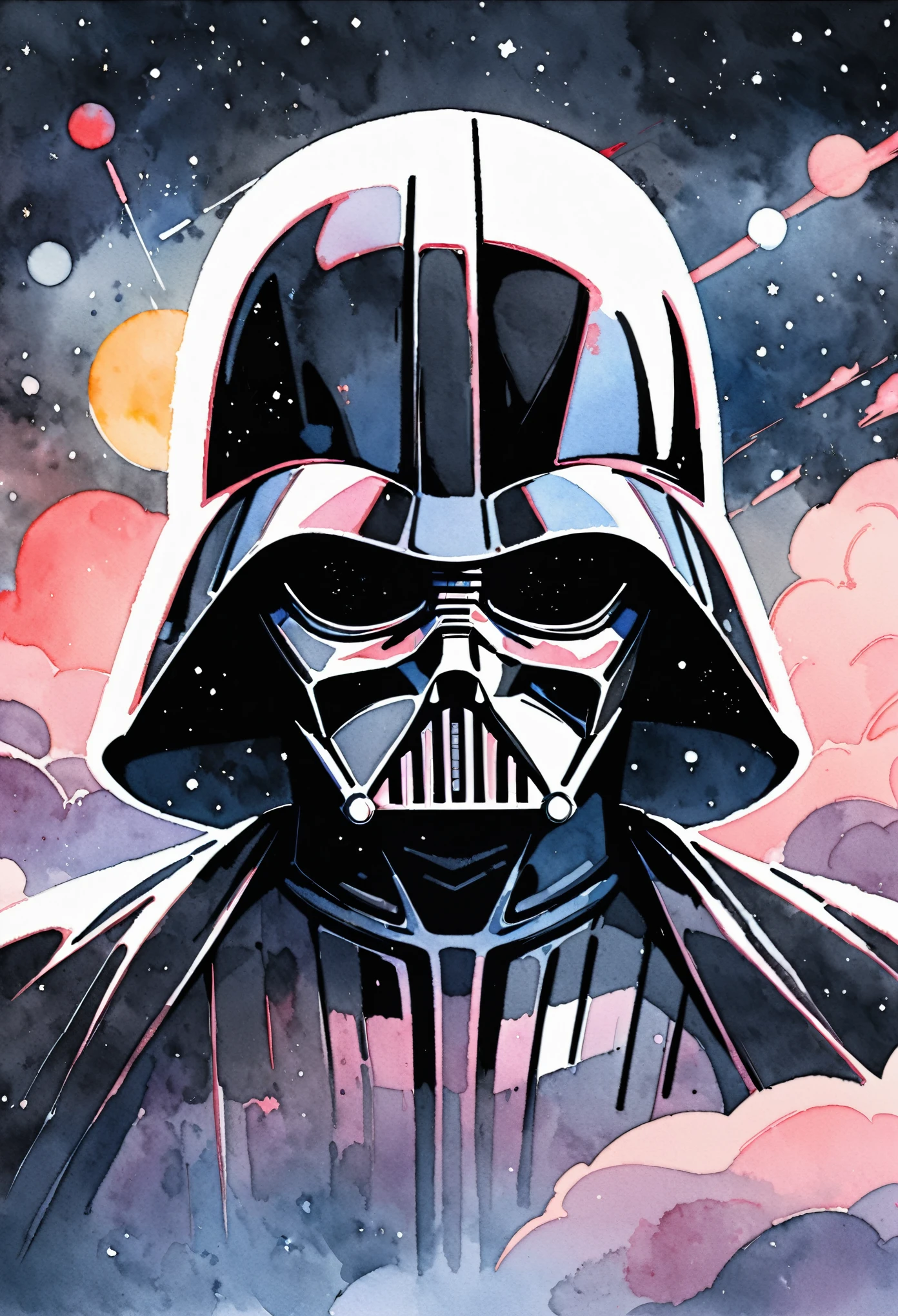 (masterpiece),(Highest quality),(Super detailed),(High resolution),((Line art)),((Watercolor)),8K,wallpaper,Darth Vader,Star Wars,((The background is space)),Movie poster style