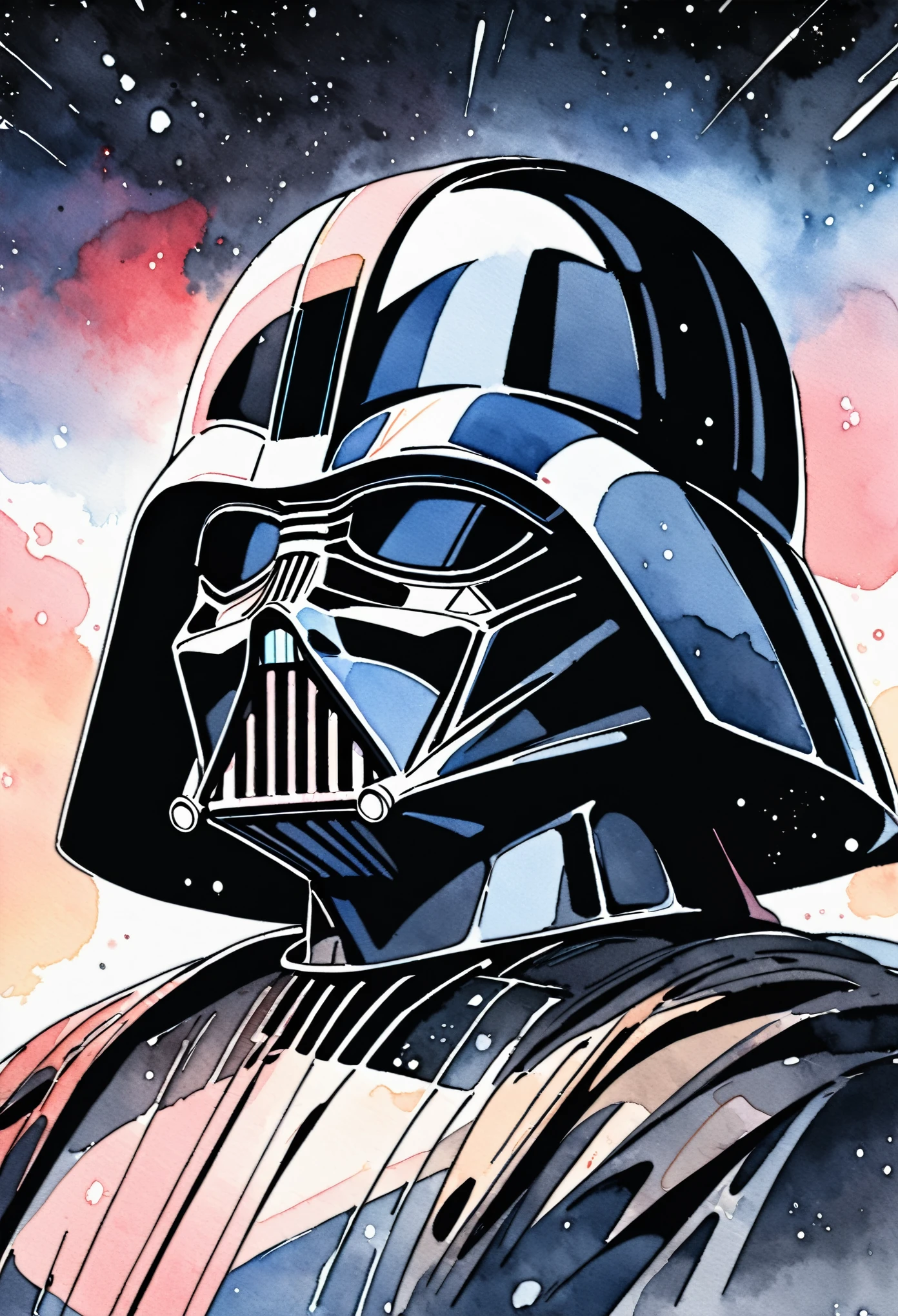 (masterpiece),(Highest quality),(Super detailed),(High resolution),((Line art)),((Watercolor)),8K,wallpaper,Darth Vader,Star Wars,((The background is space)),Movie poster style