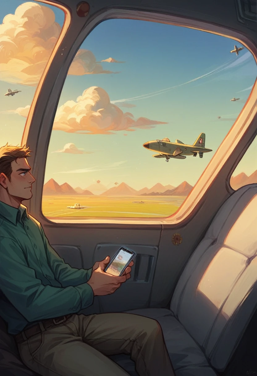 Two commercial man pilot in aircraft. They are controlling it. And one of yhem receive incoming call from his brother haresh in his iphone 15 pro max. Out of the window there is sunset and yellowish clouds.