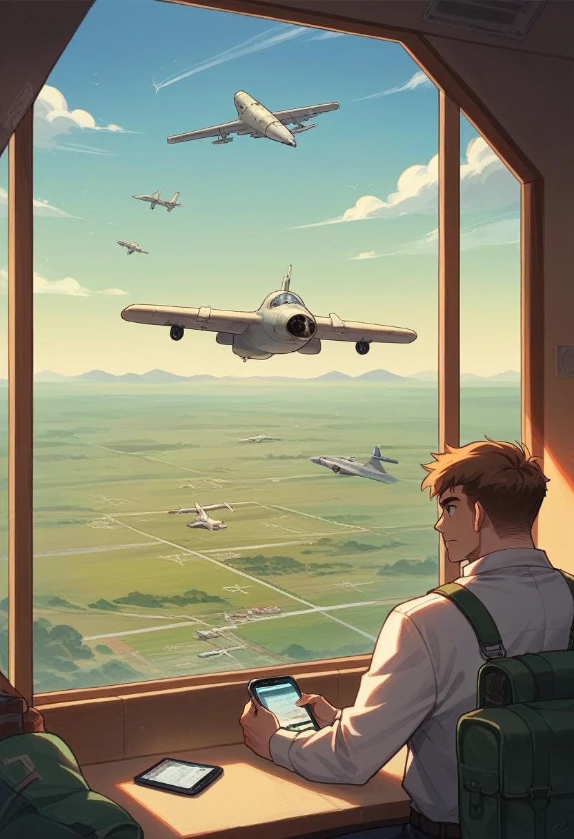 Two commercial man pilot in aircraft. They are controlling it. And one of yhem receive incoming call from his brother haresh in his iphone 15 pro max. Out of the window there is sunset and yellowish clouds.