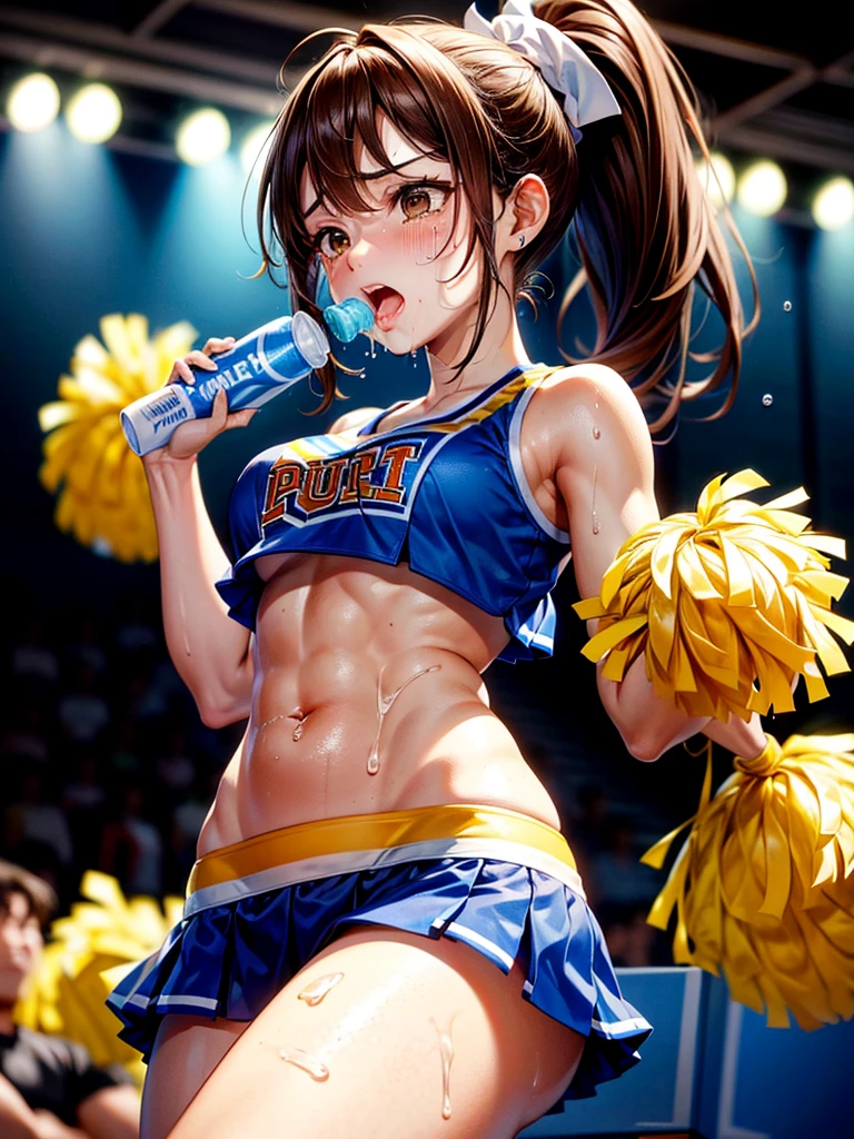 Highest Resolution,Highest quality,((Cheerleader holding a sports drink)),sunny,Tears and saliva dripping,Brown hair ponytail,Sweating profusely,whole body,Belly button,Abdominal muscles,Crying face,