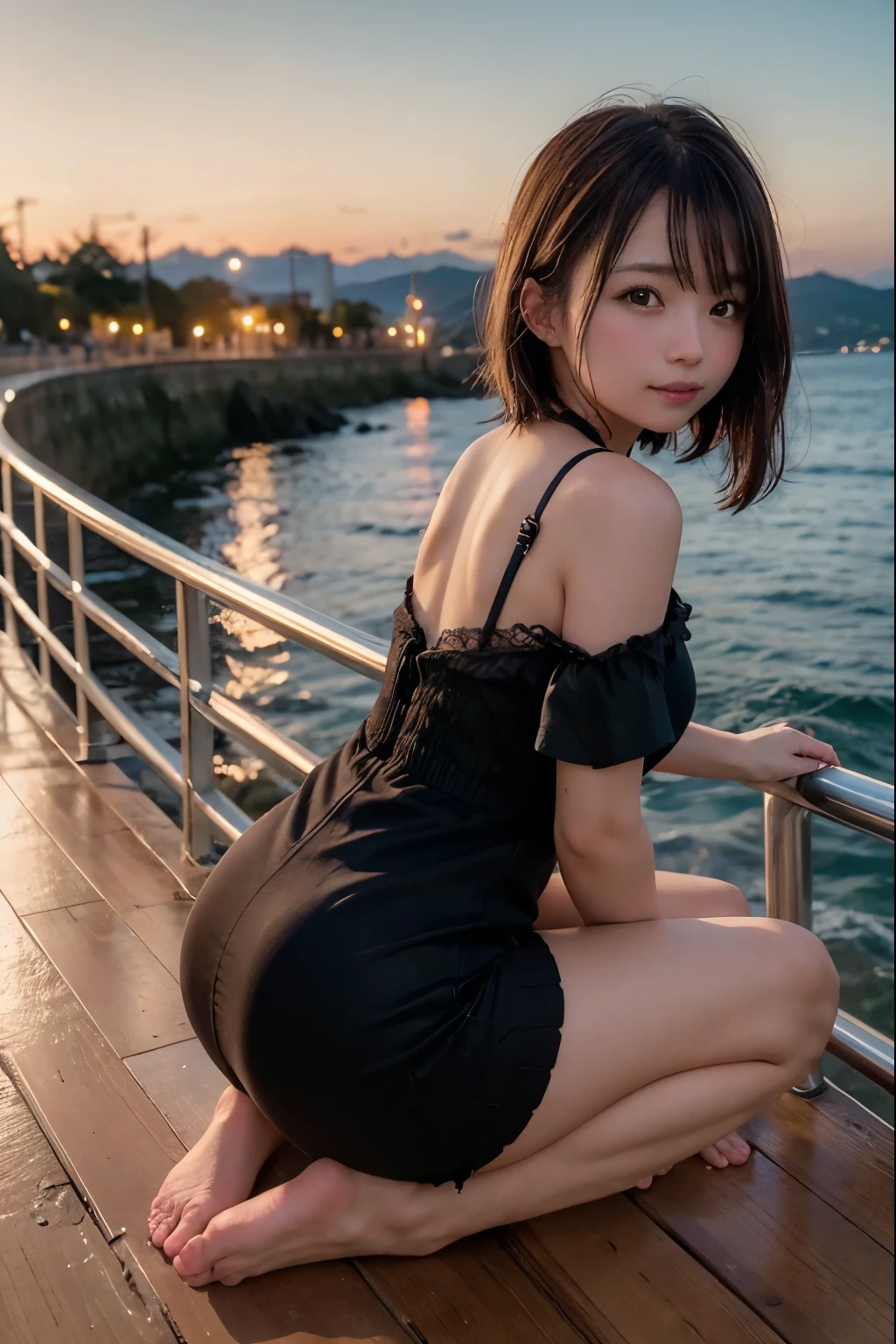 Coast, Waves, Serene Twilight, Water Reflection, 
Widephoto Lens:1.2, 
Mount Fuji Background with Snow-Capped Peak, 
Tombolo with Lighthouse Tower on Left Distance, 
Coastline Along Shore on Right, 
Grassy Park with Silhouetted Figure Foreground, 
1 Japanese Girl, Very Short Bob Cut, Wide-Set Eyes, Very White Skinned, Blush, Bashfully, 17-Year-Old, Open Mouse Slightly, 
Brown Hair, Wet Hair, Messy Hair, 
Cheerful, Light Smiling, Ecstasy, [Pouted Cheek], 
Looking Back Viewer, 
Full Body, 
SFW:1.0, 
8K, RAW Photo, Best Quality, Masterpiece, Realistic, PhotoRealistic, Extremely Detailed 8K Wallpaper, Beautifully Detailed Eyes, Finely Detailed Face, POV Shot, 
High-Key Lighting, Professional Lighting, Cinematic Lighting, Sidelighting, Bokeh