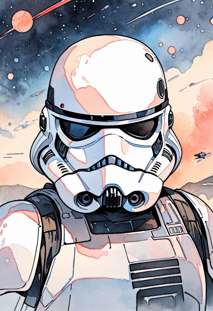 (masterpiece),(Highest quality),(Super detailed),(High resolution),((Line art)),((Watercolor)),8K,wallpaper,Stormtrooper,Star Wars,((The background is space)),Movie poster style