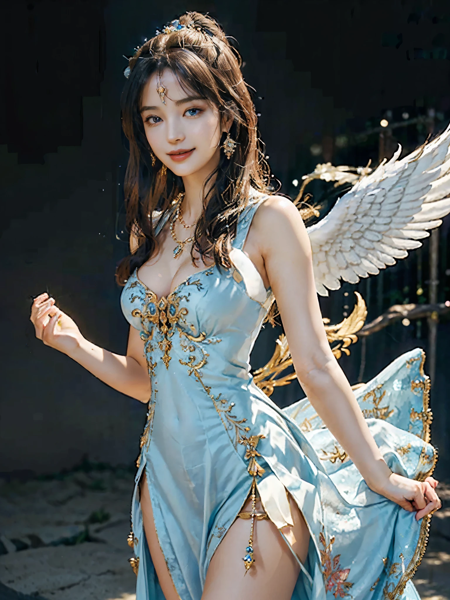 ((Very beautiful angel queen,The final form as a perfect angel, the masterpiece of an angel,Huge and intricate angel wings,The most dignified wings,Golden light,shining background,The most opulent and holy temple background,White and gold temple background,King of Angels, The most dignified angel, ((extremely detailed beautiful dresses)), (Intricate and solemn dresses, Light blue and gold embellishment dress on white, Light blue and gold dress on white base), (The most intricate and beautiful dresses, dresses decorated with some expensive jewels), ((extremely detailed gorgeous jeweled necklace)), Complex and majestic angel figure, The most intricately depicted figure of an angel, The World's Most Beautiful, Unimaginable beauties, (slim figure, attractive body shape, divine atmosphere), (smooth thin hair very fluttering in the wind, shiny hair), Intricate reproduction of the perfect angelic detail, The figure of an unimaginably gorgeous angel, The figure of an unimaginably huge angel)),((Most beautiful face, Half Japan and half Spanish, The biggest happy smile, The most luxurious and intricate dresses, The biggest smile looking at the camera)), Beautiful firm cleavage, beautiful clavicle, (Beautiful firm medium breasts), (Elegant standing figure, Fold your hands in front of your navel,)),Chest that seems to burst, Giant wings of angels, The background is the appearance of a perfect angel castle,Masterpiece,8K,very intricate, ultra detailliart, captivating and visually stunning piece of fractal art featuring, created by a renowned artist, vibrant colors. Formal artistic quality with strong aesthetic appeal.
