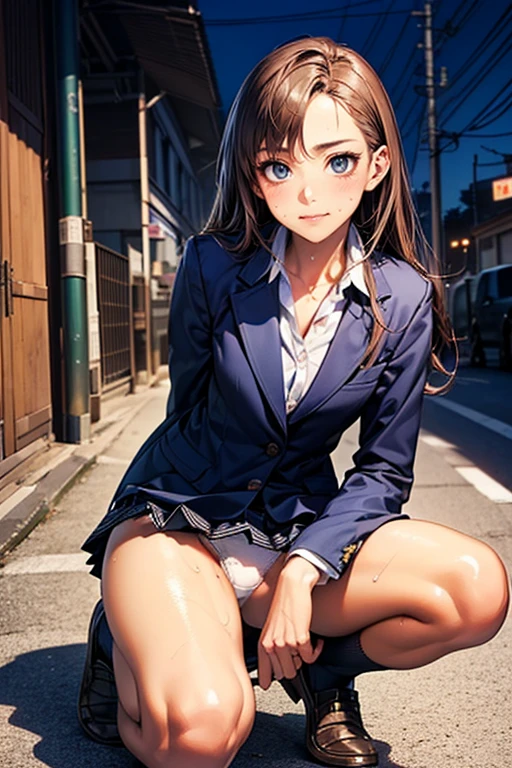 (((night,真night中))),((Perfect Anatomy:1.2,Realistic:1.3,RAW Photos:1.3,masterpiece、Highest quality、Ultra - High resolution、High resolution、Highly detailed CG、8K)),Cowboy Shot,((attractive way to sit)),((((Crouching pose)))),1 female,alone,18-year-old、High school girl beautiful girl,Japanese,((Beautiful and graceful face and eyes:1.2,Big beautiful eyes:1.3,)),blonde,Long Hair,(Center parted hair:1.4,amount),Medium Chest,Slender body,Small Head:1.3,skinny,(Brown Skin:1.4),(Oily skin,Glowing Skin,Shiny skin,Sweat:1.2),(school uniform、Dark blue blazer jacket、Checkered pleated mini skirt),Dirty back alley、Tokyo、((Turn your body forward))、((((Showing panties)))),(Lonely),((Feeling depressed))、Stick out your crotch、((Feeling depressed))