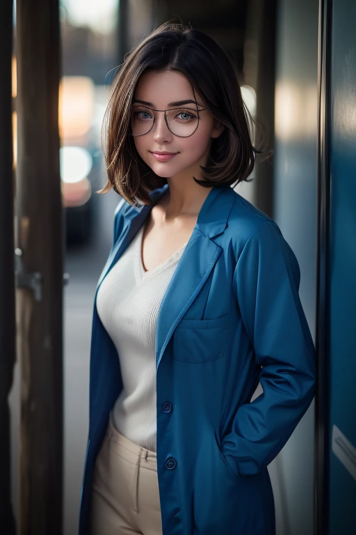 kate, Short black hair with blue highlights, gazing at viewer, blue colored eyes, round glasses, perfectbody, sensuous, ((doctor clothes, estestoscopio)), ((fully body, )), guest, gazing at viewer, Grinning, shy, Grinning, totally blushed, wide shot, blurry foreground