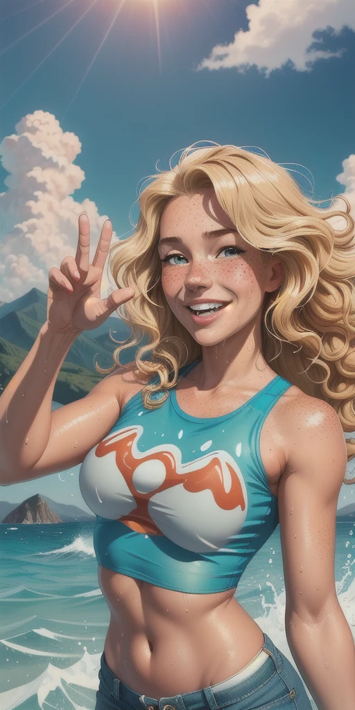 (Highest quality, masterpiece), One girl, Upper Body, PAW Pose, smile, Laughter, Happy, Ocean, Crop top, Shorts, blonde, freckles, blush, View your viewers, Wavy Hair, Long Hair, cloud, Splash, Wave, sun, Mountain, Wet