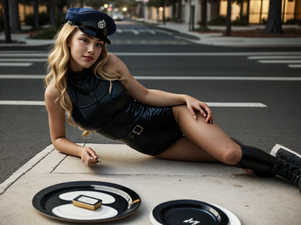 1girl, 25 years old, Solo, (Aesthetic artwork), light grey eyes, big mouth, full lips, very pale skin, (large breasts:1.2), (slim hips, slim waist, slim legs: 1. 1), detailed skin, (next to a classic motorbike:1. 3) designed in 1950, looking at the camera, open leather bodysuit, (black military plate cap:1.6), on a Las Vegas street, blonde hair, curly hair, (at night), blonde hair, curly hair, hair above shoulders, long hair, wavy hair, wide eyes, ringed eyes, long eyelashes, seductive smile, soft lighting, (front view: 1. 3), (great detail), (hyper-realism), (masterpiece), anatomically correct), (textured skin: 1. 3), (best quality), (8k), (best quality), (8k)