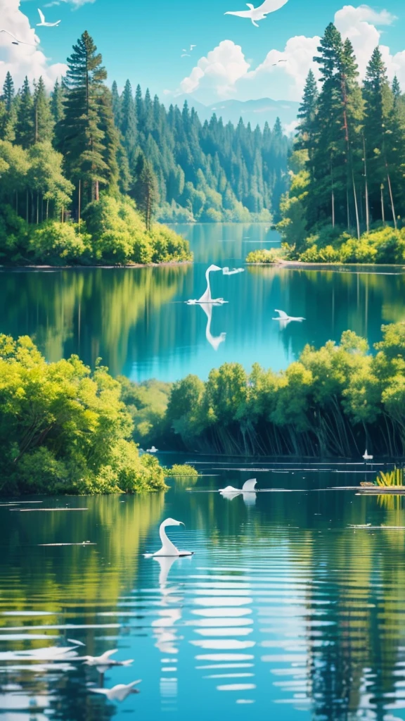"A serene lake surrounded by a dense forest, with a white crane standing at the edge catching fish. Various colorful fish swim near the surface, and the sky is clear and blue."