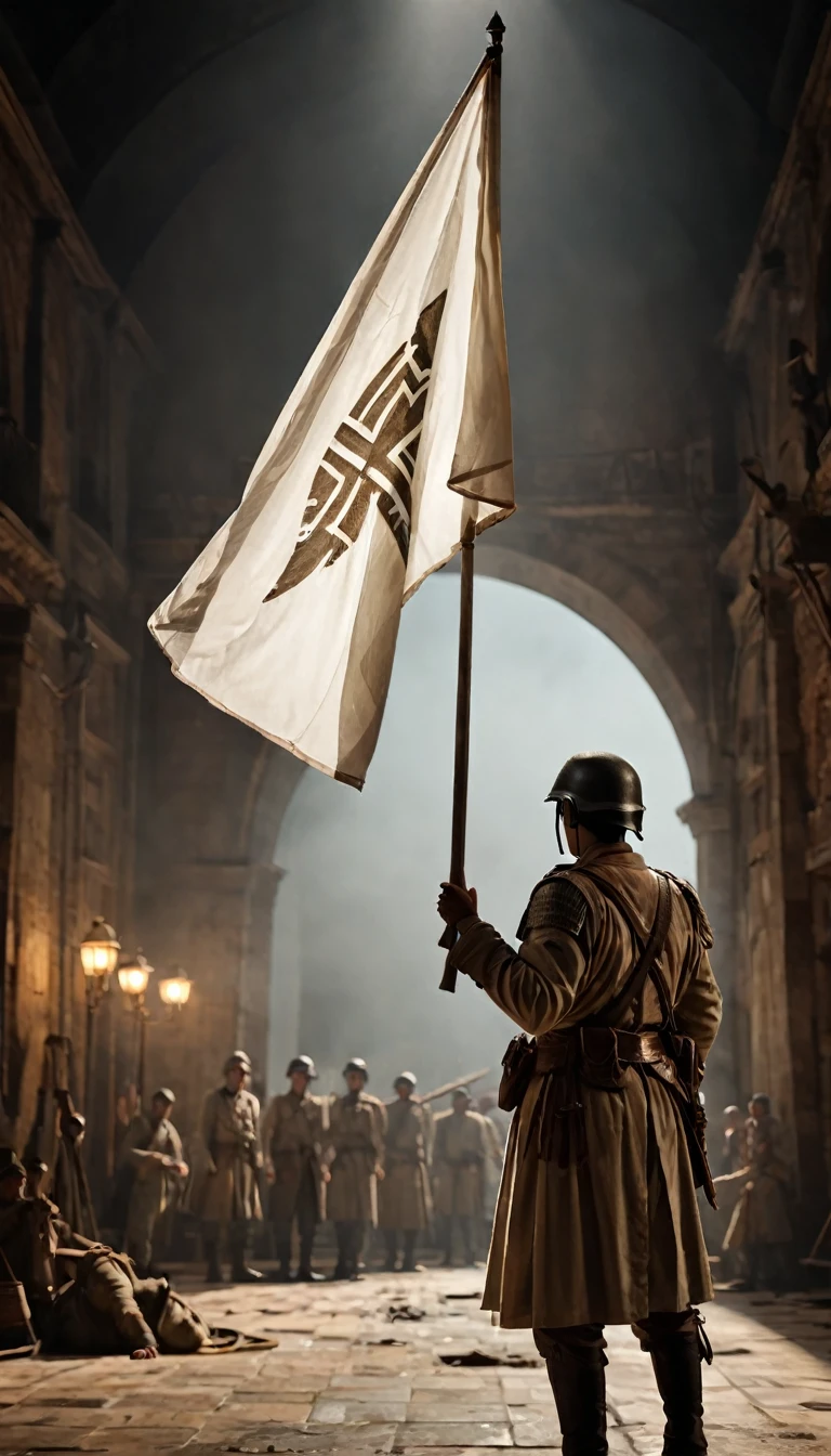 A dramatic still from a war movie showing the white flag raised in a climactic scene, holding a white flag, hyper realistic, ultra detailed hyper realistic, photorealistic, Studio Lighting, reflections, dynamic pose, Cinematic, Color Grading, Photography, Shot on 50mm lens, Ultra-Wide Angle, Depth of Field, hyper-detailed, beautifully color, 8k, golden light from the front,