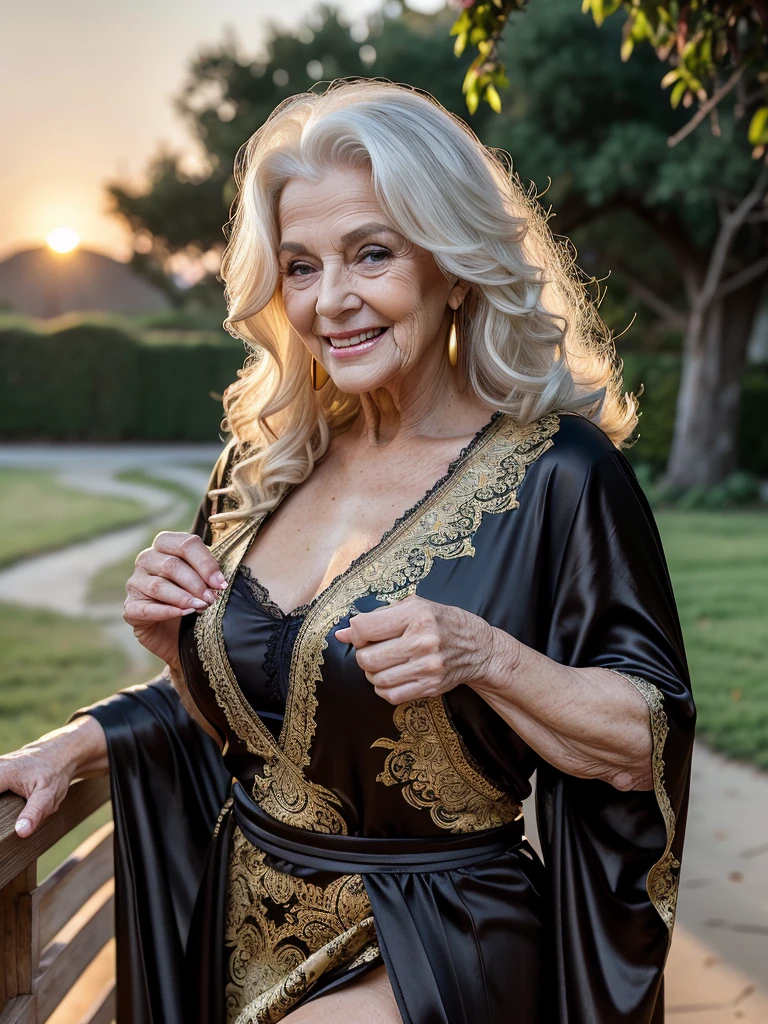 Mature old woman 80 years with white curly hair, plus size, old face and body with many wrinkles, loose skin, smiling standing at the yard at sunset posing for photo, She wearing satin black robe with gold pattern and white lace stockings, side view. jaw dropping mature older beauty, old face and body with wrinkles, old face, attractive grandma, a gorgeous old hair, beautiful old grandma, lovely older mature grandma, gorgeous beautiful grandma over 80 years old, beautiful white curly hair grandma, beautiful detailed body and face, a beautiful old granny