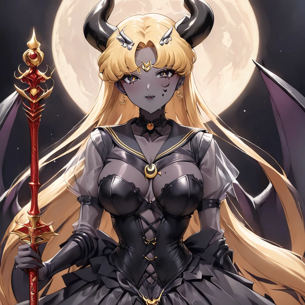 ((Highest quality)), ((masterpiece)), (detailed), (Perfect Face)、The woman is the dark queen of the black moon of the Black Moon clan, a lustful and evil demon warrior, the demon queen, Devil Queen Sailor Moon, and the woman is a sexy female demon with jet black skin, Devil Queen Sailor Moon.、The woman is a jet-black female demon with magnificent devil horns, jet-black devil wings, and a jet-black tail. Her skin is jet-black, and she has a black inverted crescent moon mark on her forehead. Her gorgeous black skin is visible through her black see-through Lolita Gothic Victorian wedding dress, black wedding veil, and black see-through cape. She is a jet-black demon, Devil Queen Sailor Moon, and has blonde hair.2The expression of a girl in love with her long hair tied up、Woman is Devil Queen Sailor Moon、Holding a large demon spear
