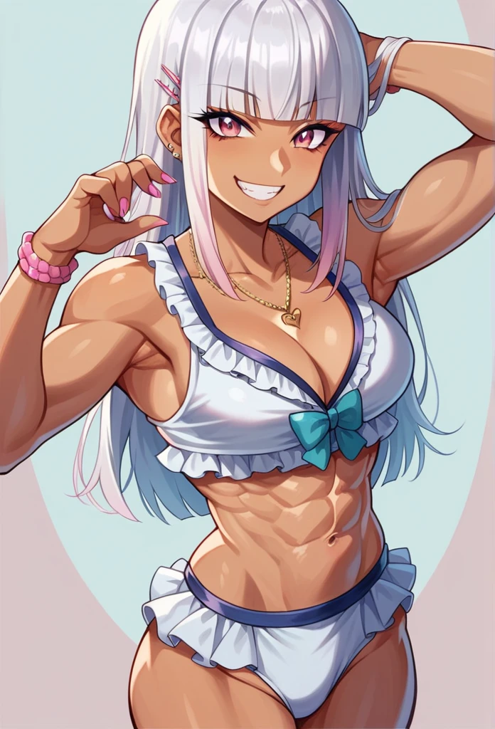 ((young girl ,short stature,gyaru)) ,big chest,((hime cut tied back,)), abs, nsfw,heavyset,looking at viewer,frilled one-piece-swimsuit,,evil smiling,cowboy shot, slim, moderately athletic