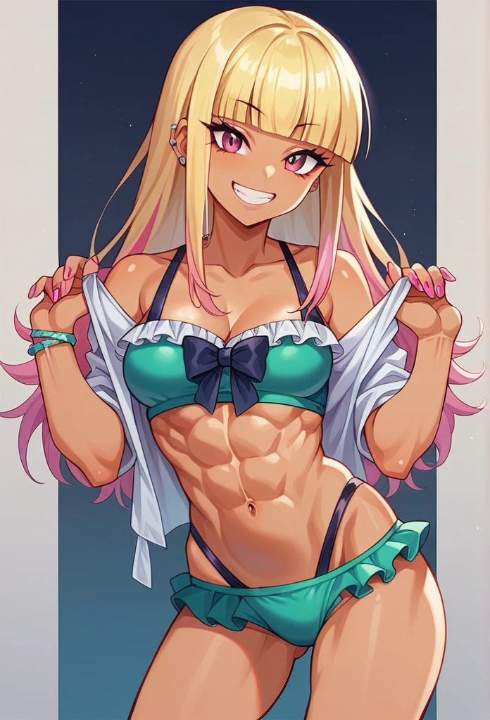 ((young girl ,short stature,gyaru)) ,big chest,((hime cut tied back,)), abs, nsfw,heavyset,looking at viewer,frilled one-piece-swimsuit,,evil smiling,cowboy shot, slim, moderately athletic