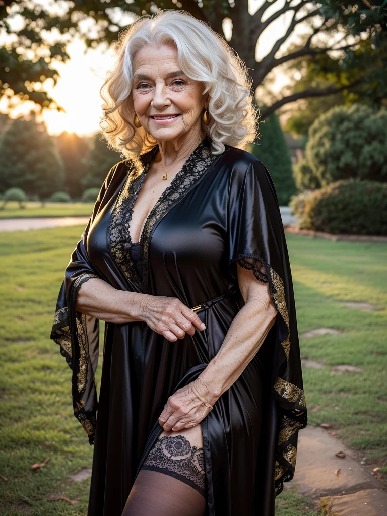 Mature old woman 80 years with white curly hair, plus size, old face and body with many wrinkles, loose skin, smiling standing at the yard at sunset posing for photo, She wearing satin black robe with gold pattern and white lace stockings, side view. jaw dropping mature older beauty, old face and body with wrinkles, old face, attractive grandma, a gorgeous old hair, beautiful old grandma, lovely older mature grandma, gorgeous beautiful grandma over 80 years old, beautiful white curly hair grandma, beautiful detailed body and face, a beautiful old granny