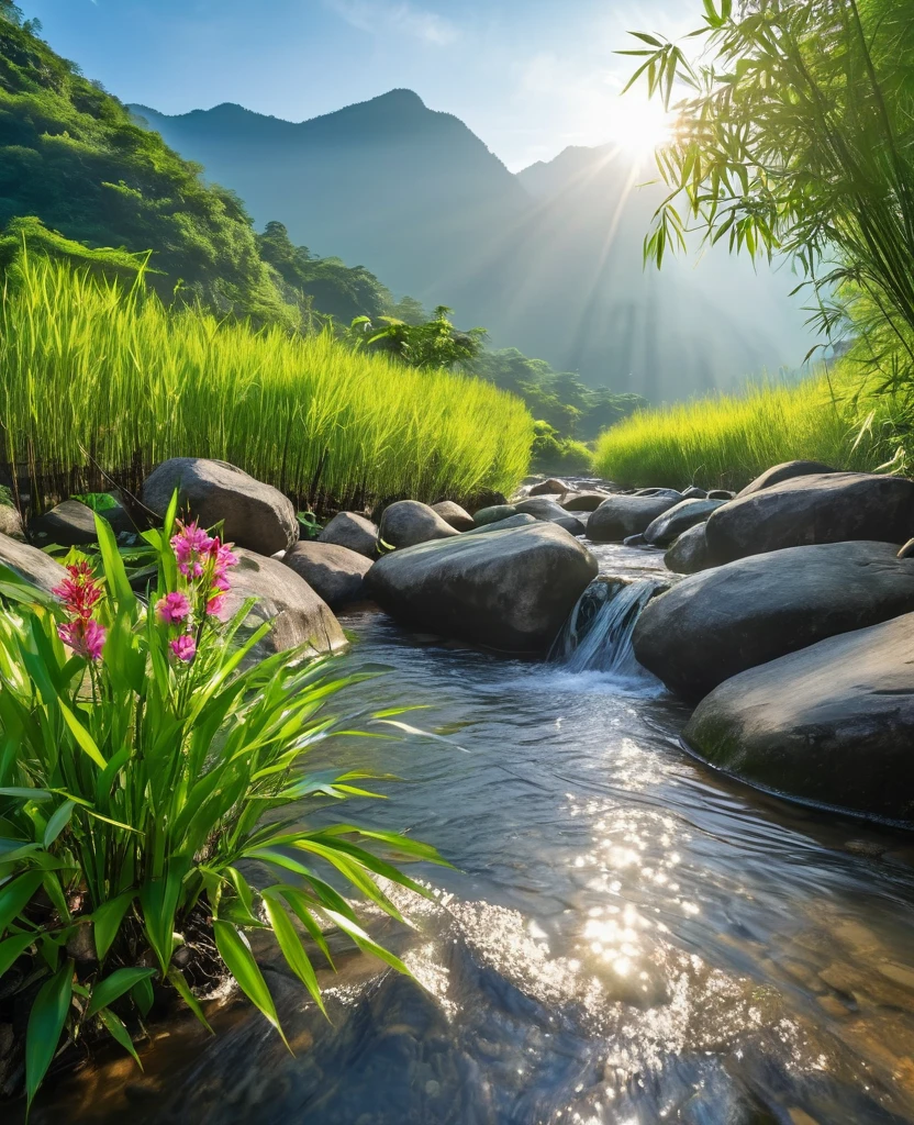 Sitting on a big rock in the middle of the stream,Mountains in the distance,The foreground is a tree,Bamboo and flower plants beside the stream,calm,morning sun rays,it's foggy,